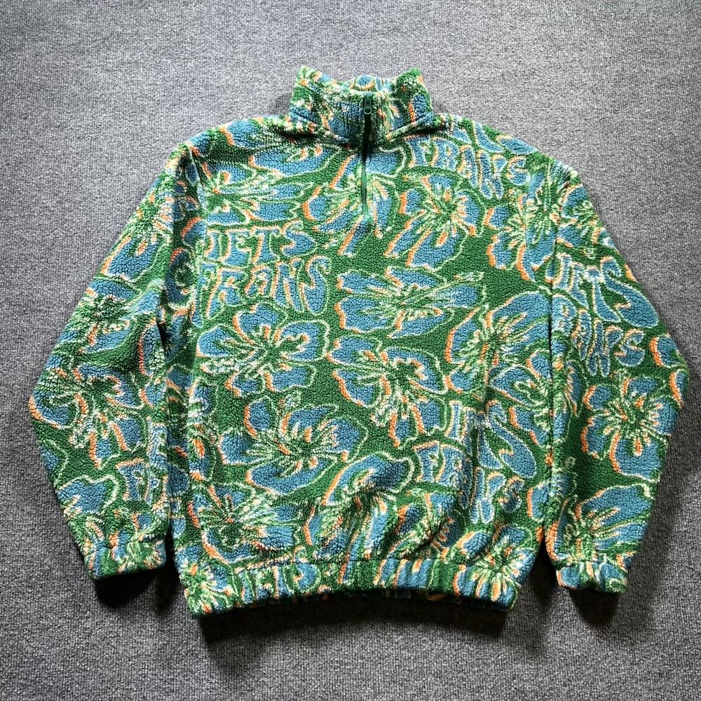 Urban Outfitters Iets Frans Sweater Men M Green Tropical Hibiscus Fleece 1/4 Zip